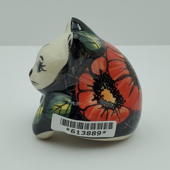 Polish Pottery Poppy Passion Cat Figurine Unikat Red Flower Cat Statue - Picture 5 of 8